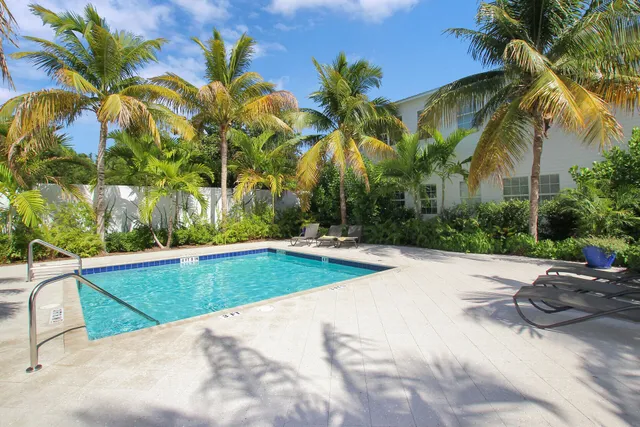 a view of a swimming pool with lounge chair and palm trees