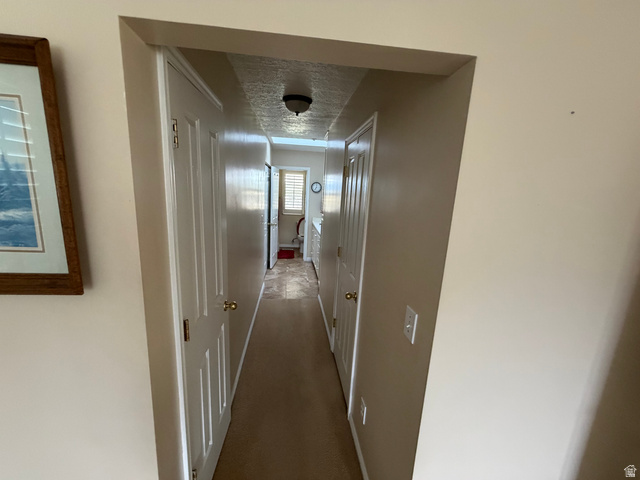 10000 North 6730th East Spring City, UT 84662 - Photo 9 of 31 Interior hallway featuring multiple paneled doors, neutral wall paint, and a textured ceiling