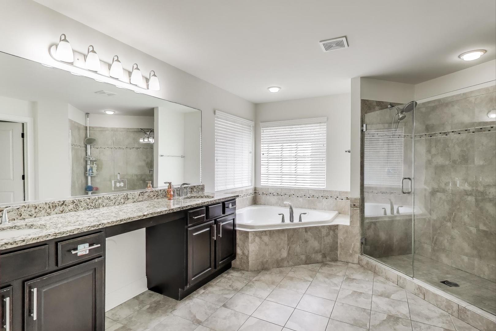 1064 Ridgeview Drive Inverness, IL 60010 - Photo 21 of 48 a spacious bathroom with a granite countertop tub sink shower and mirror