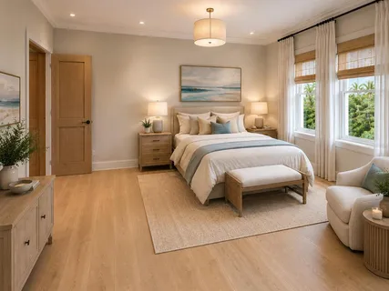 a spacious bedroom with a bed a couch and a potted plant on the dresser