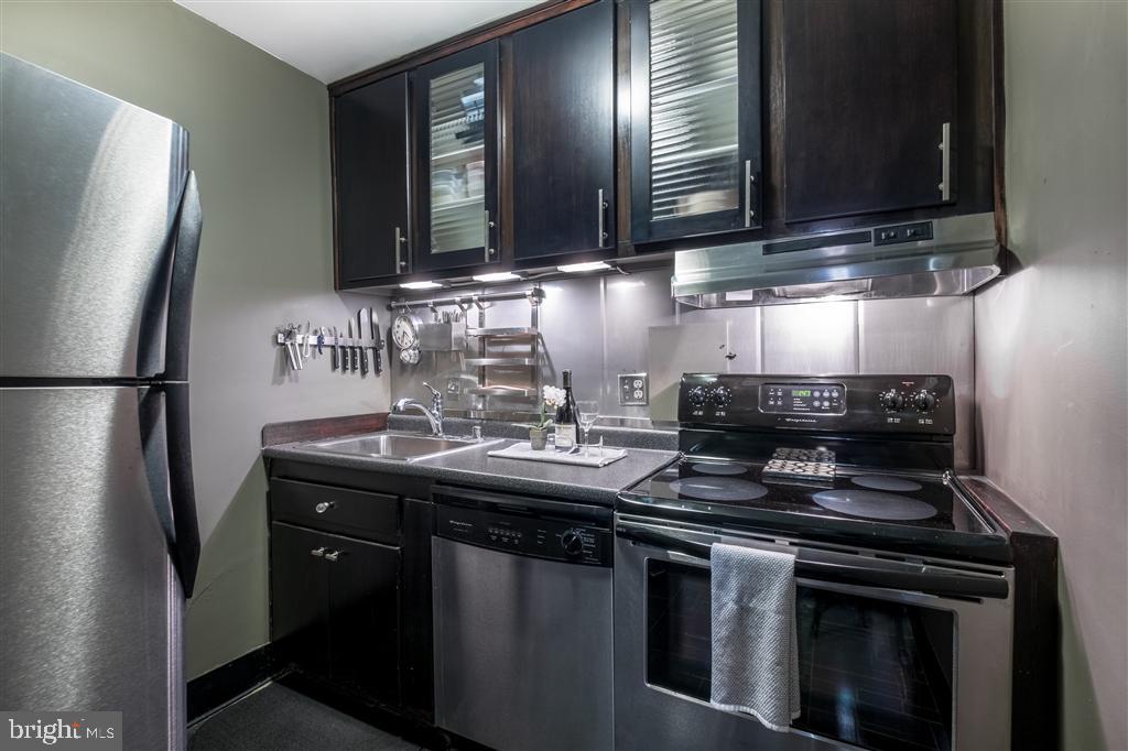 1425 4th Street Southwest, Unit A801 Washington, DC 20024 - Photo 11 of 19 a kitchen with stainless steel appliances granite countertop a stove a sink and a refrigerator