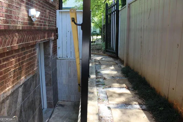 a view of a balcony with door