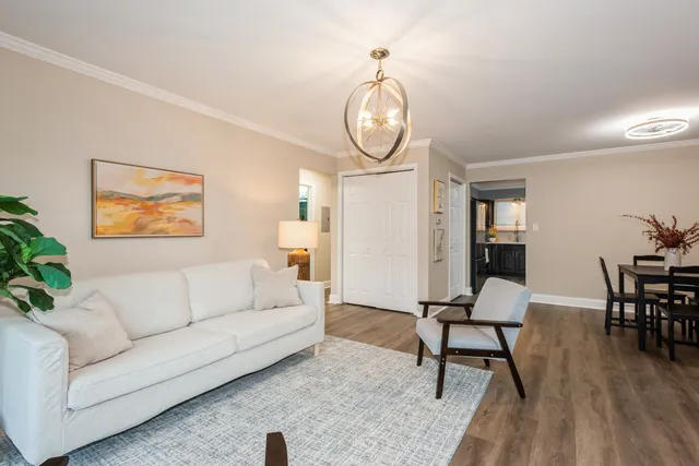 a living room with furniture a dining table with wooden floor