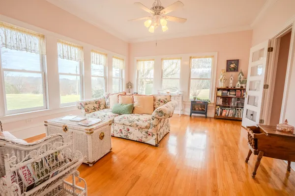 a view of a livingroom with furniture hardwood floor and a ceiling fan