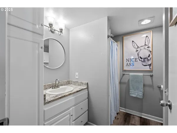 a bathroom with a sink vanity and mirror