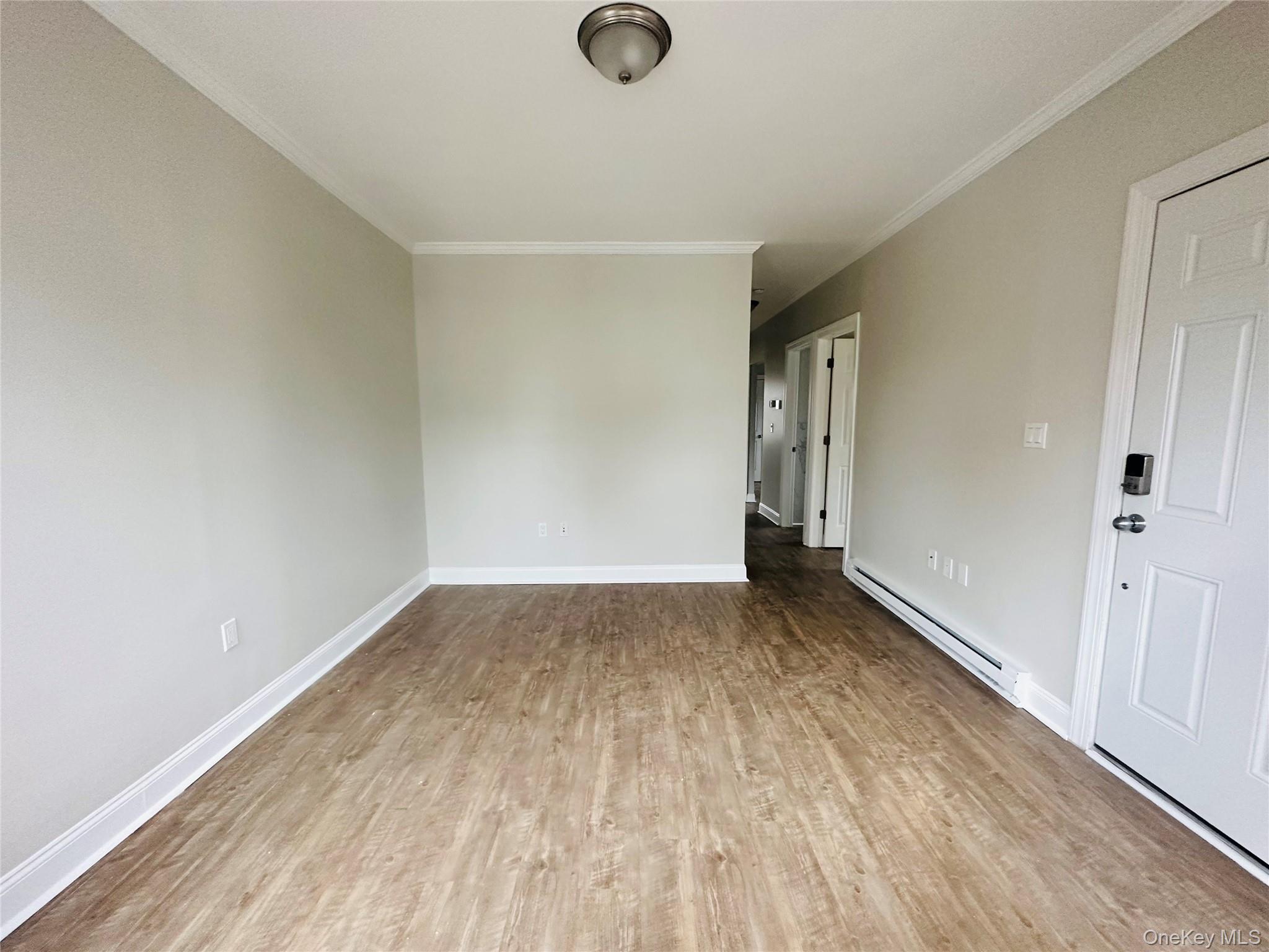 151 Cannon Street, Unit 3 Poughkeepsie, NY 12601 - Photo 3 of 12 Empty room featuring crown molding, a baseboard radiator, and light hardwood / wood-style floors
