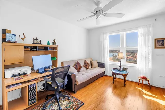 a view of city from terrace with seating space