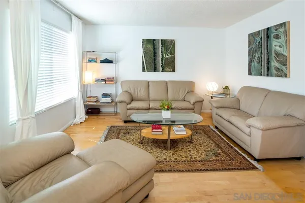 a living room with furniture a rug and a large window