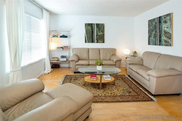 a living room with furniture a rug and a large window