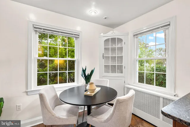 a view of a dining room with furniture window and outside view