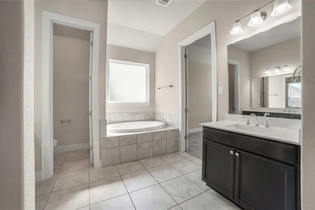 a bathroom with a tub sink shower and mirror