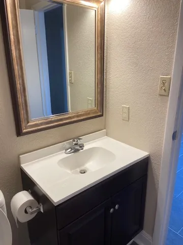 a bathroom with a sink vanity and a mirror