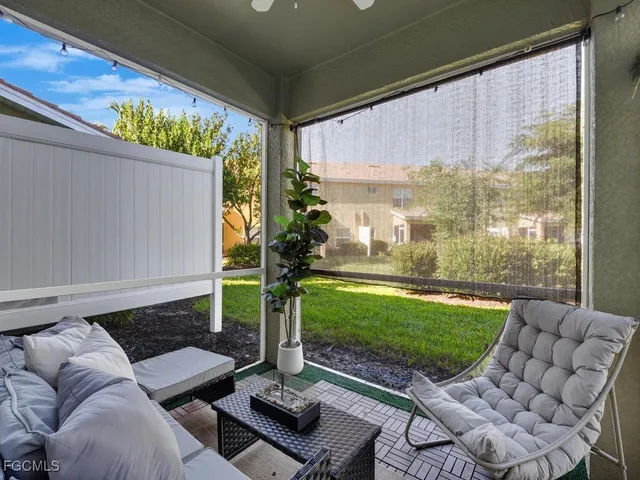 a garden view with a seating space