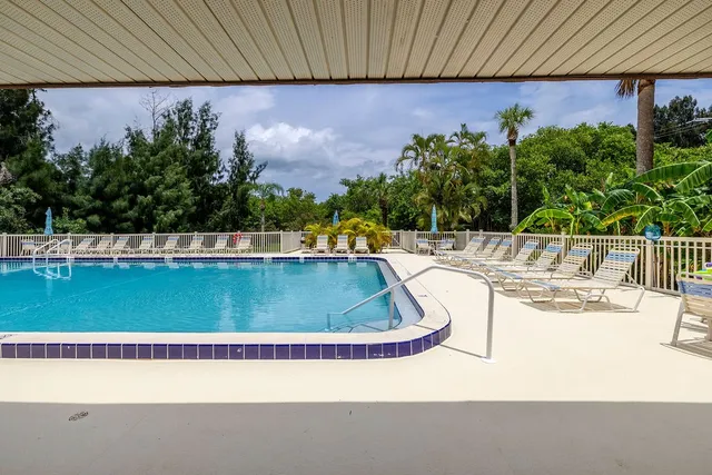 a view of a swimming pool with a yard