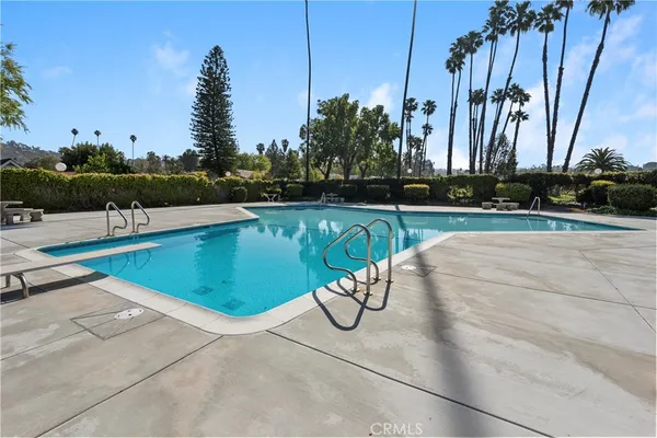 a view of a swimming pool with a yard and palm trees