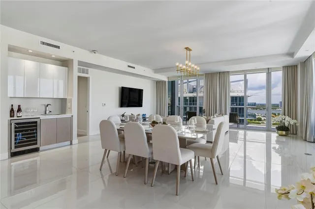 a view of a dining room with furniture window and outside view