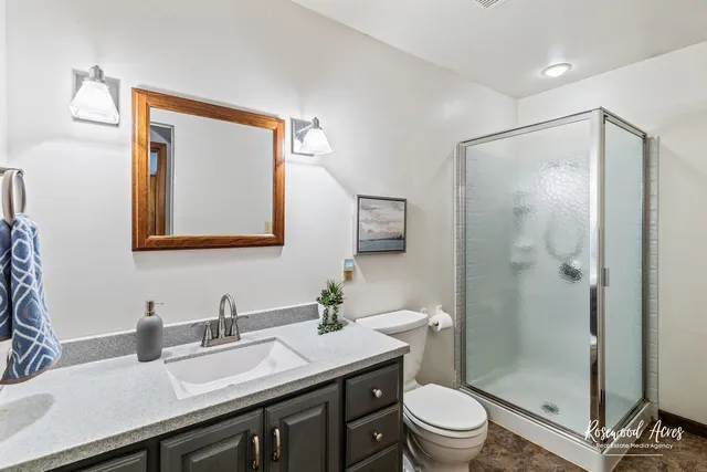 a bathroom with a granite countertop sink toilet a mirror and shower