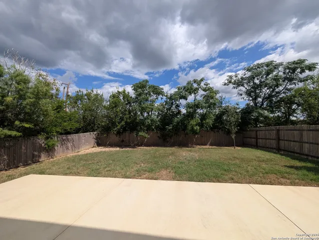 a view of a backyard with large trees