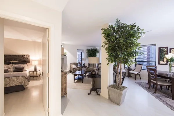 a view of living room with furniture and a potted plant