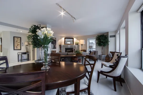 a view of a dining room with furniture