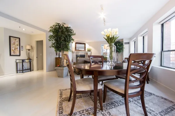 a view of a dining room with furniture