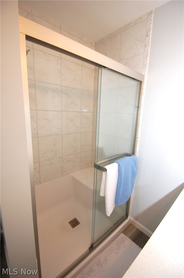 1299 State Road Vermilion, OH 44089 - Photo 24 of 36 Master Bathroom featuring a shower with door and wood-type flooring
