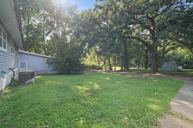 a view of a yard with a house and a large tree