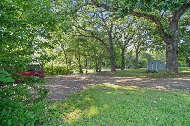 a view of a backyard with large trees