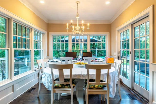 a view of a dining room with furniture window and wooden floor