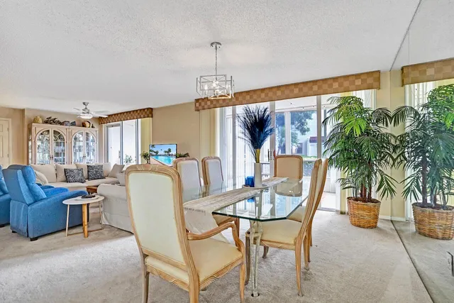 a dining room with furniture potted plants and wooden floor