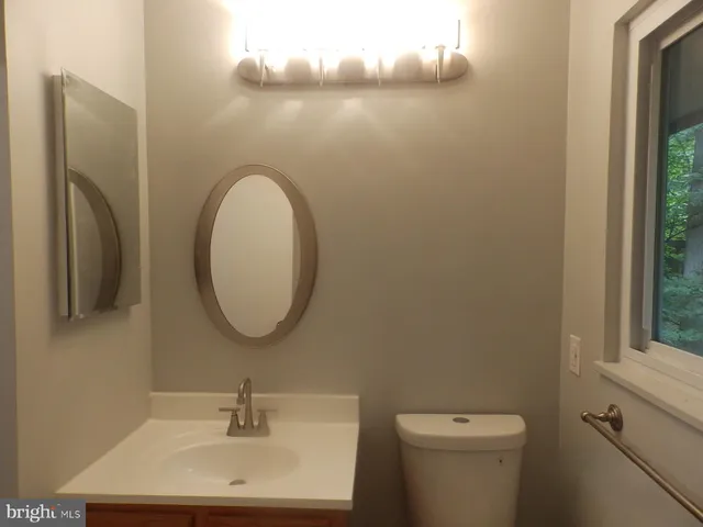 a bathroom with a sink mirror and toilet