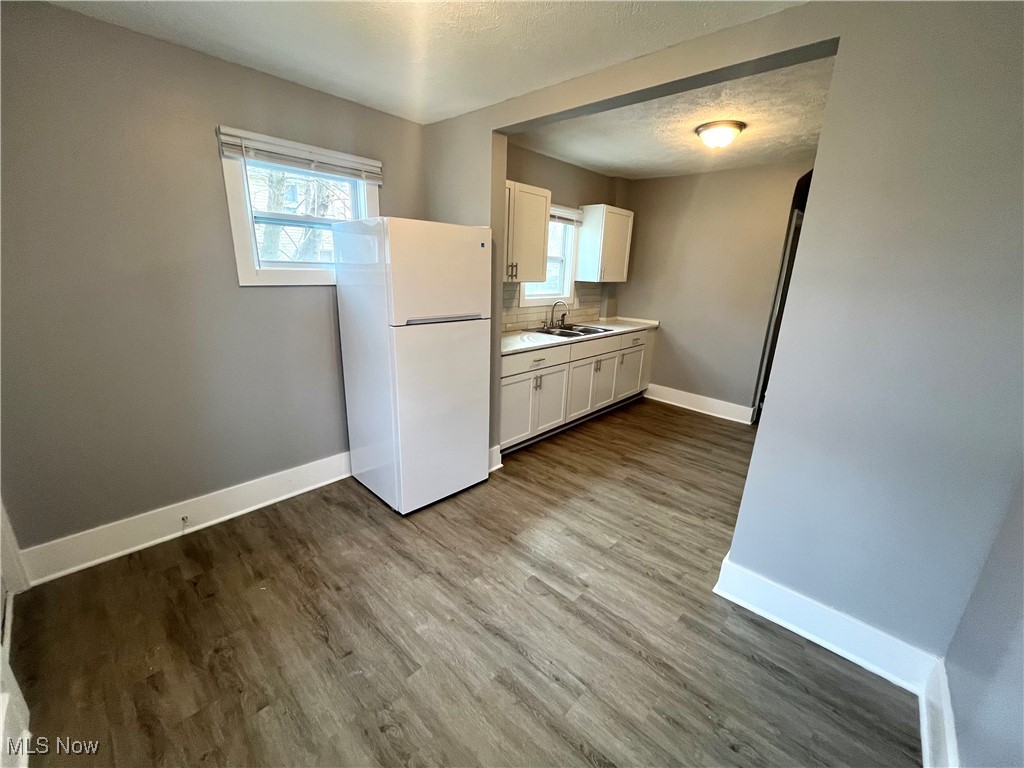 827 Inman Street Akron, OH 44306 - Photo 9 of 15 Kitchen featuring dark wood-style flooring, baseboards, decorative backsplash, a sink, and freestanding refrigerator