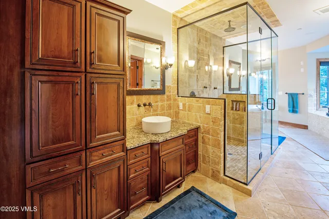 a bathroom with a sink a mirror and a shower