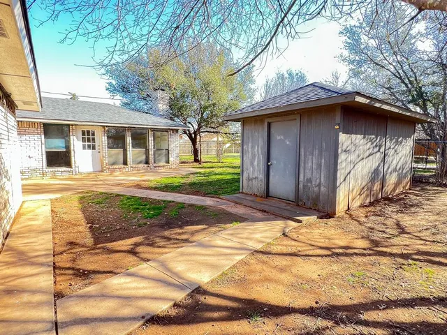 a view of a yard with plants and trees