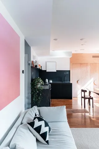 a living room with furniture a potted plant and a fireplace