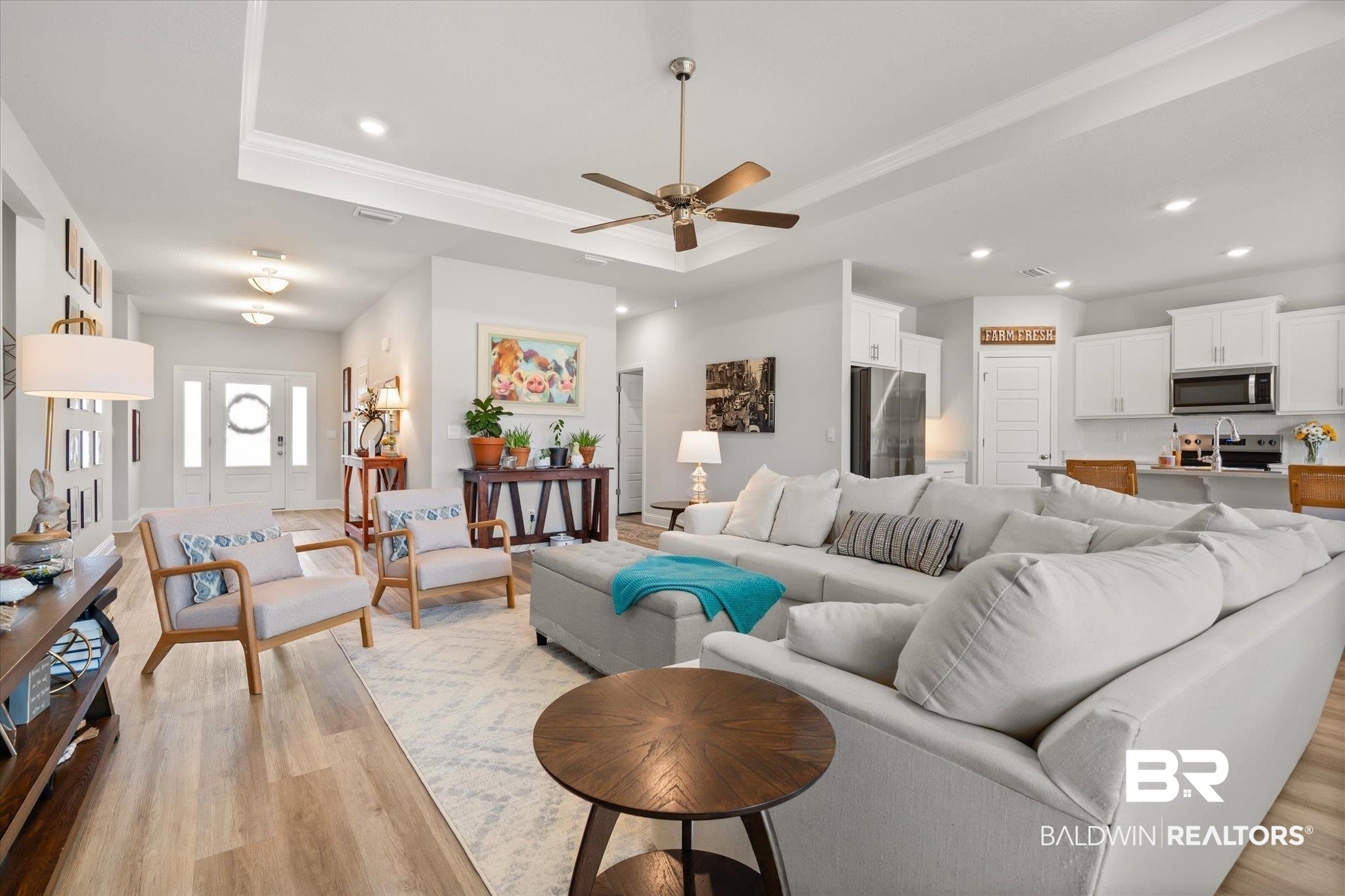 1167 Provision Road Mobile, AL 36608 - Photo 2 of 20 Living area with recessed lighting, a raised ceiling, light wood-style floors, and ceiling fan