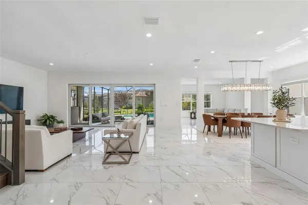 a view of a dining room with furniture window and outside view