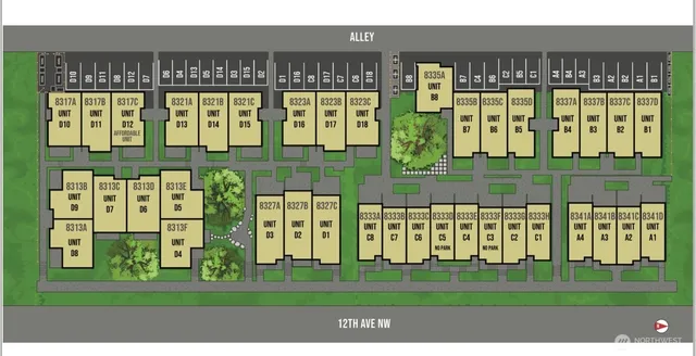 a front view of a building with a garden