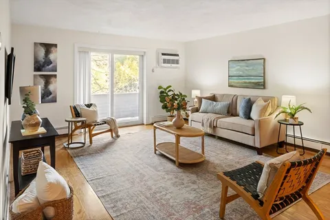 a living room with furniture and a potted plant