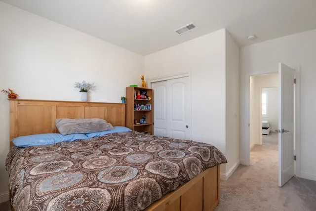 a bedroom with a bed and walk in closet
