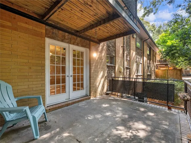 a view of a yard with plants and a large tree