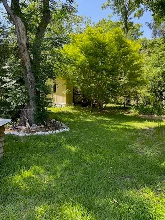 a view of a backyard with large trees