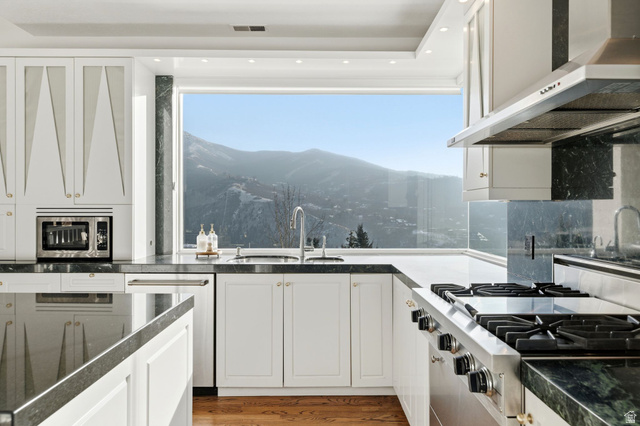 1878 East Ridge Point Drive Bountiful, UT 84010 - Photo 14 of 92 Kitchen with a mountain view, exhaust hood, white cabinets, stainless steel appliances, and light wood finished floors