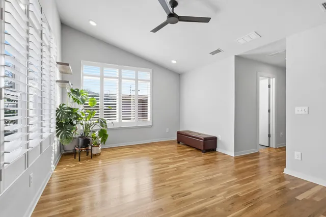 a living room with furniture and a potted plant