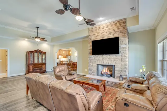 a living room with fireplace furniture and a flat screen tv