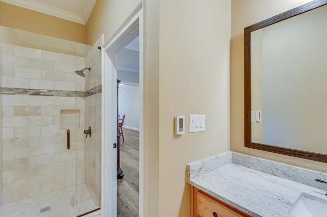 a bathroom with a granite countertop shower and a sink