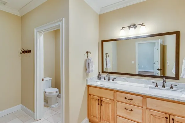 a bathroom with a granite countertop sink a toilet and a mirror