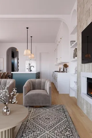 a living room with furniture fireplace and flat screen tv