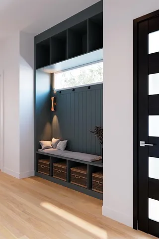 a room with table chair and dryer