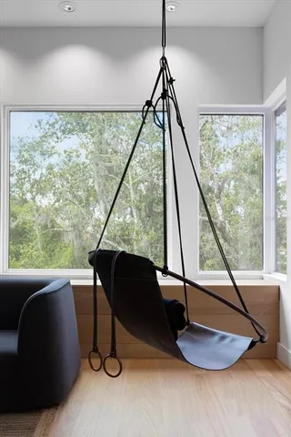 a dining room with window